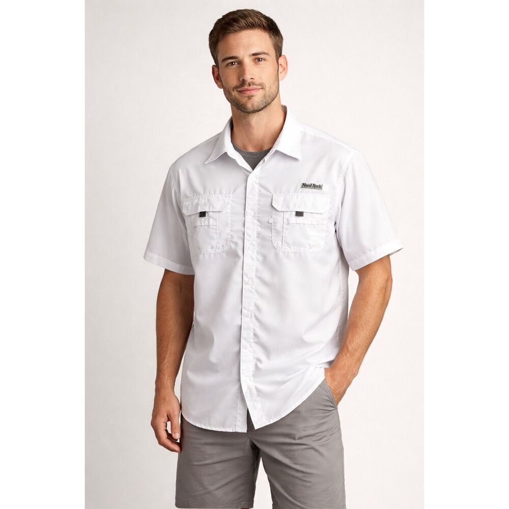 Hard Rock White Fishing Shirt Mens L Vented Button Up Lightweight